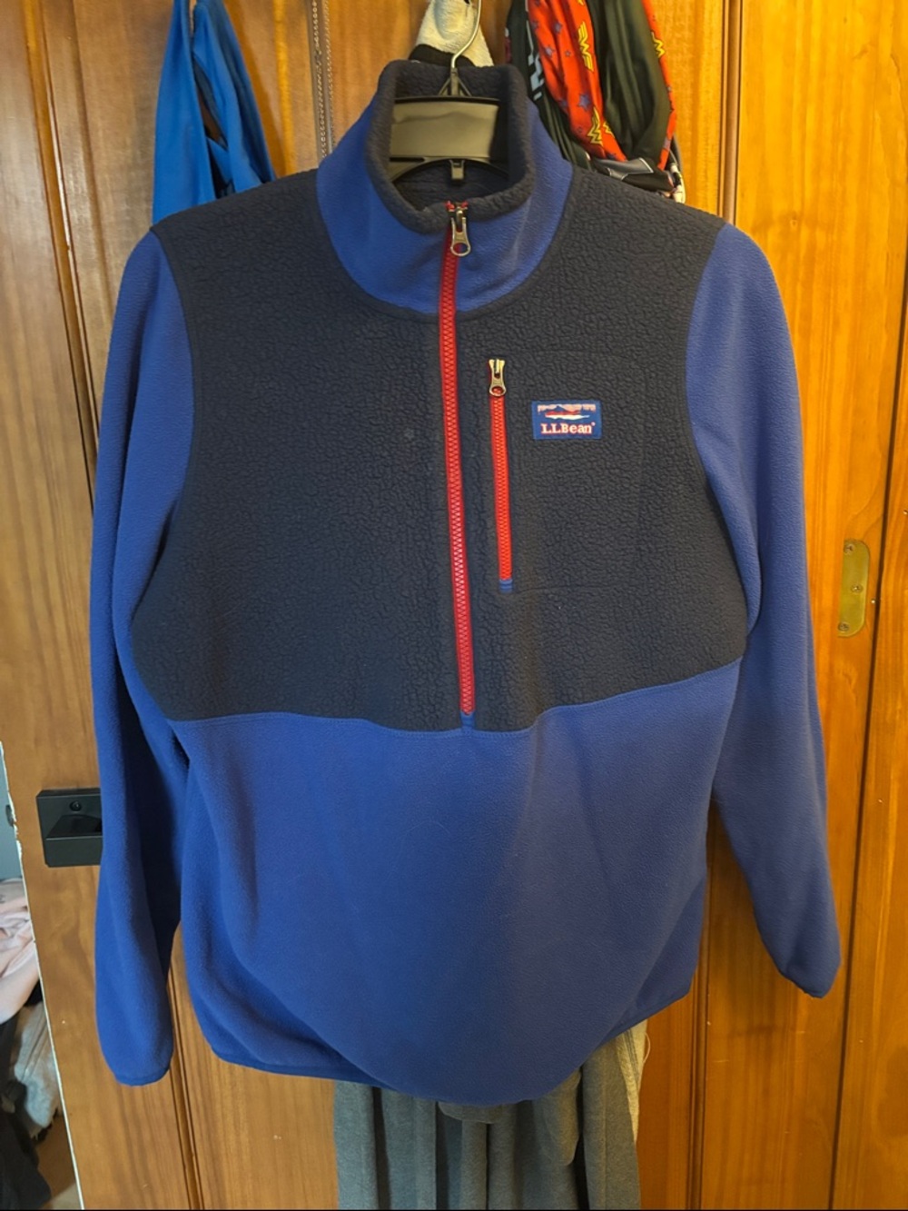 Vintage Size Small L.L. Bean Navy and Royal Blue Fleece Pullover with Red Zip
